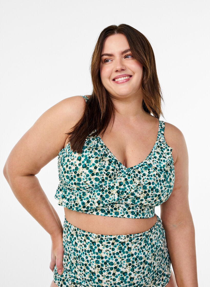 Bloemen bikinitop met ruches, Ditsy Rose AOP, Model