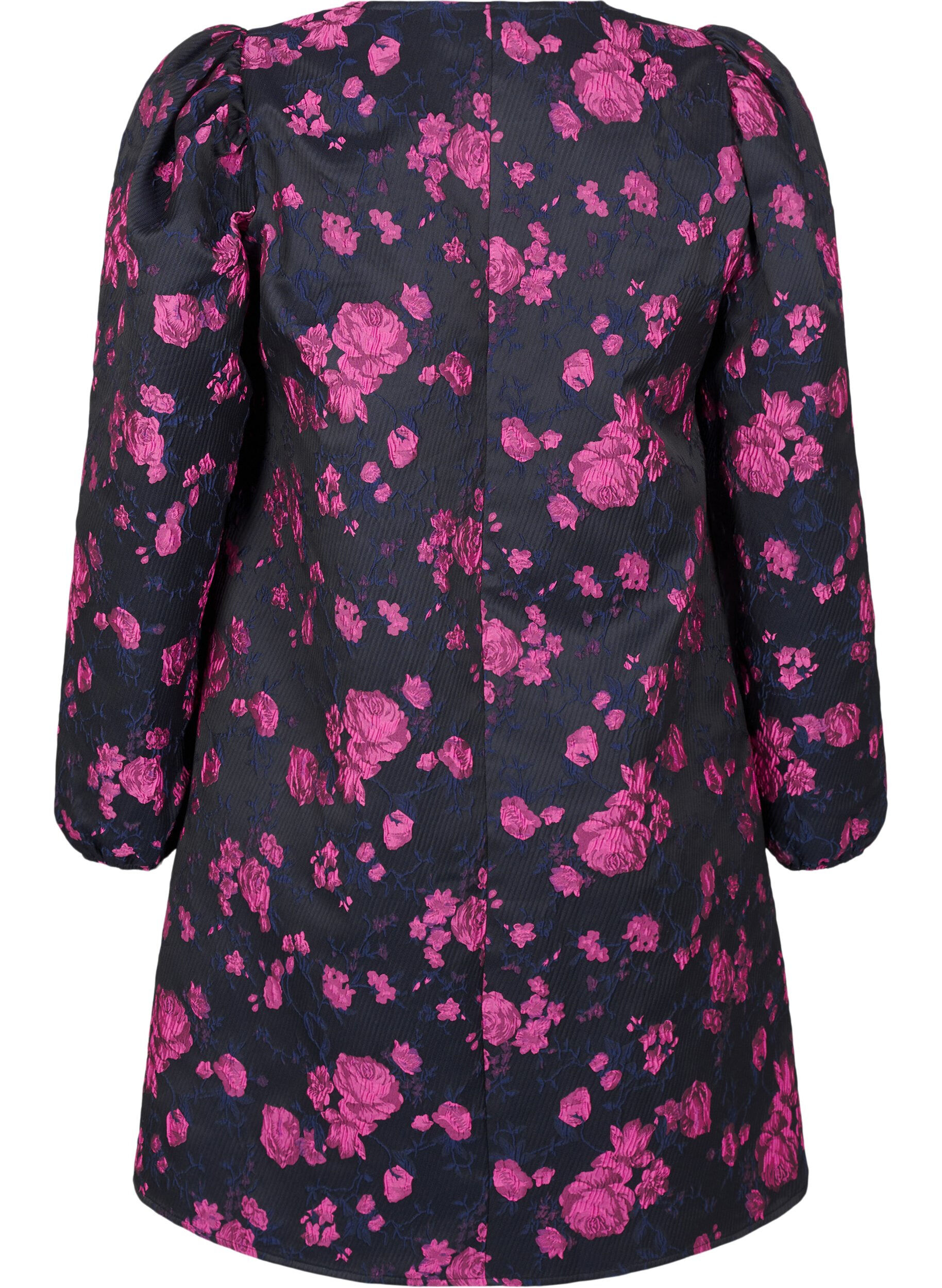 ZizziKorte jacquardjurk met lange mouwen, Black w. Red Rose, Packshot image number 1