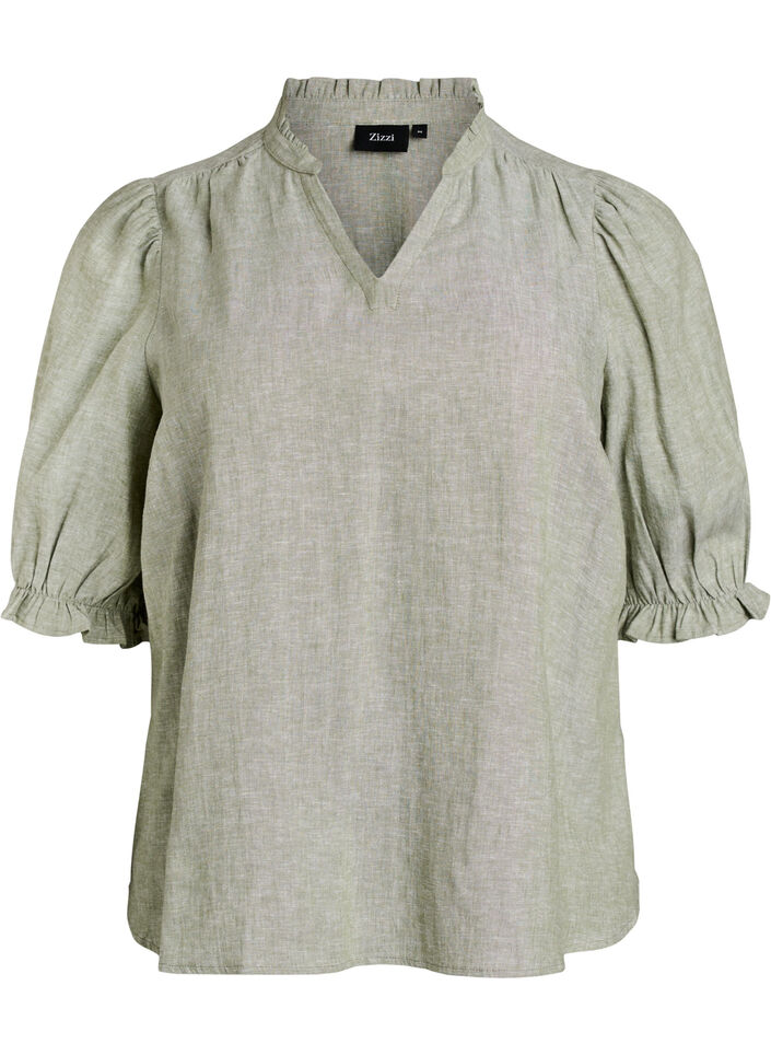 Blouse in linnen en viscose met mouwen 1/2, Groen, Packshot image number 0