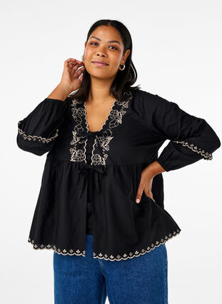 ZizziBlouse met open voorkant en geborduurde details, Zwart, Model image number 0