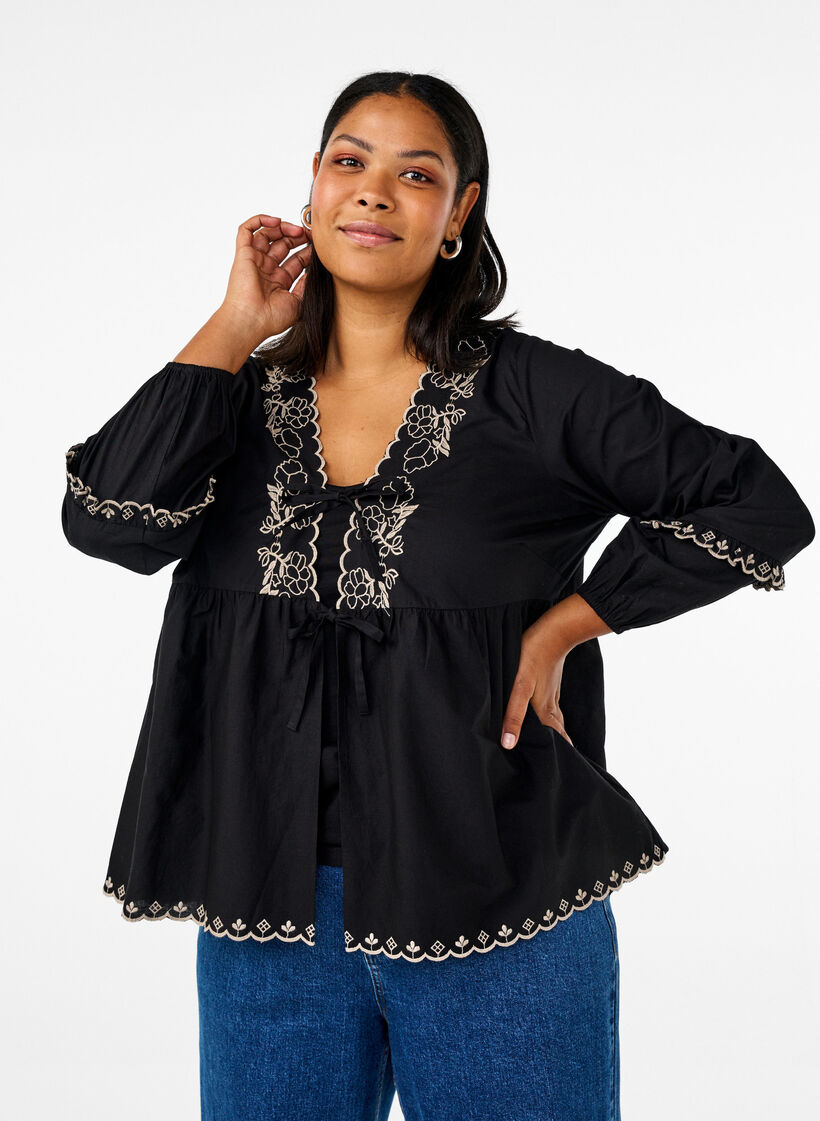 Blouse met open voorkant en geborduurde details, Zwart, Model image number 0