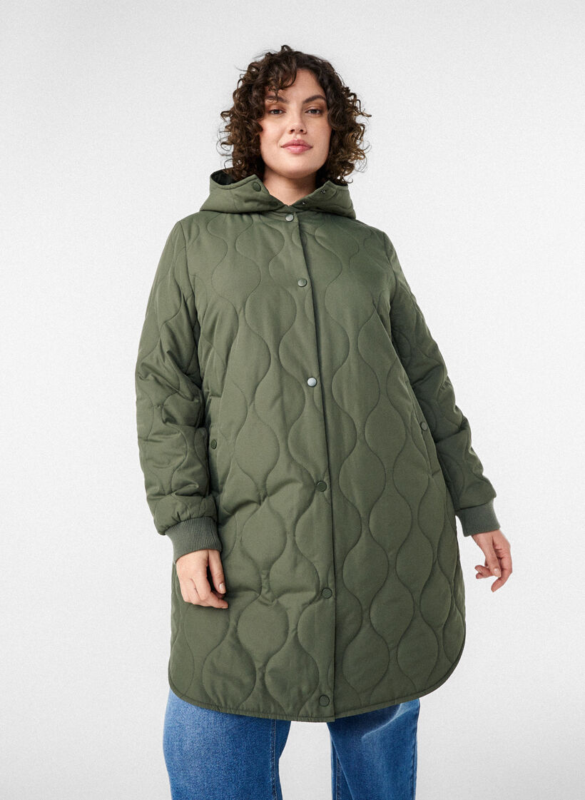 Halflange gewatteerde jas met capuchon, Groen, Model image number 3