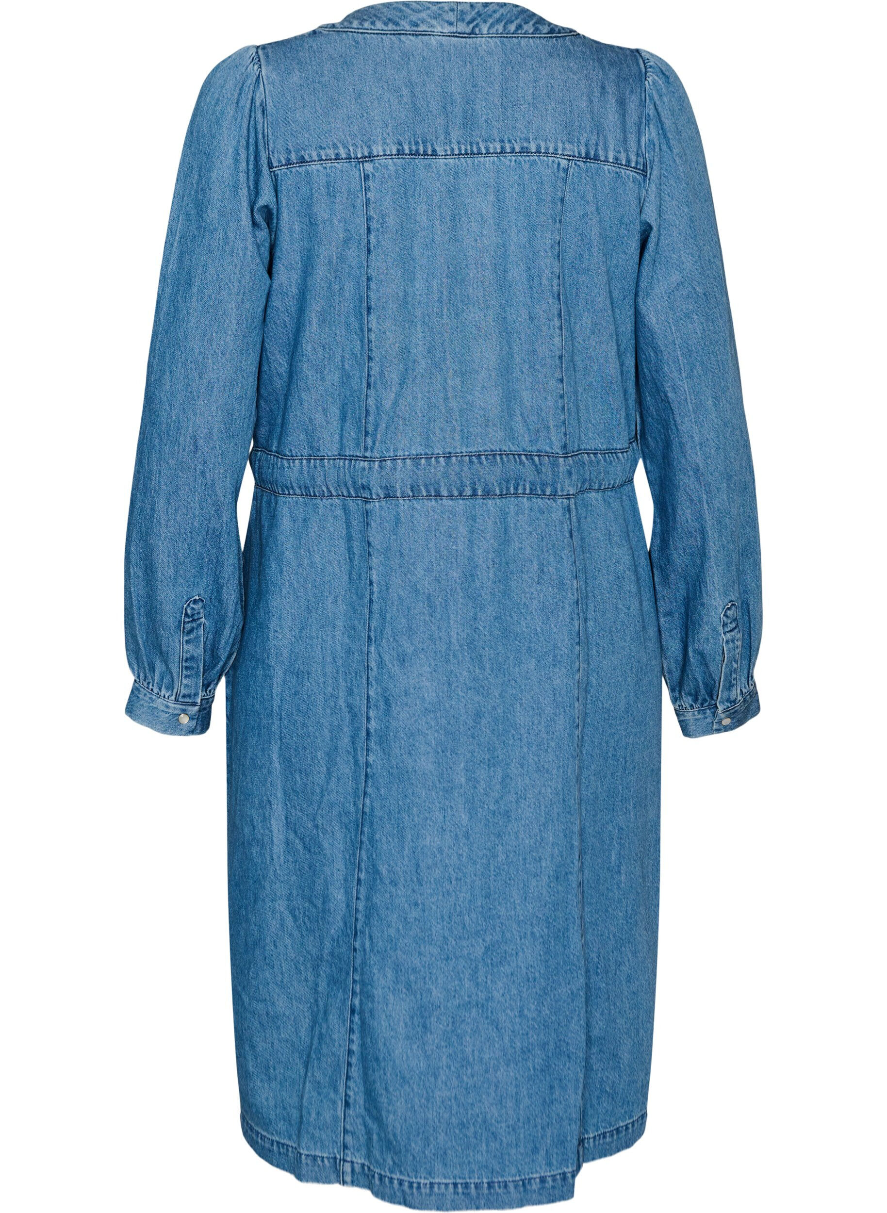ZizziDenimjurk met V-hals en strikceintuur, Blauw, Packshot image number 1