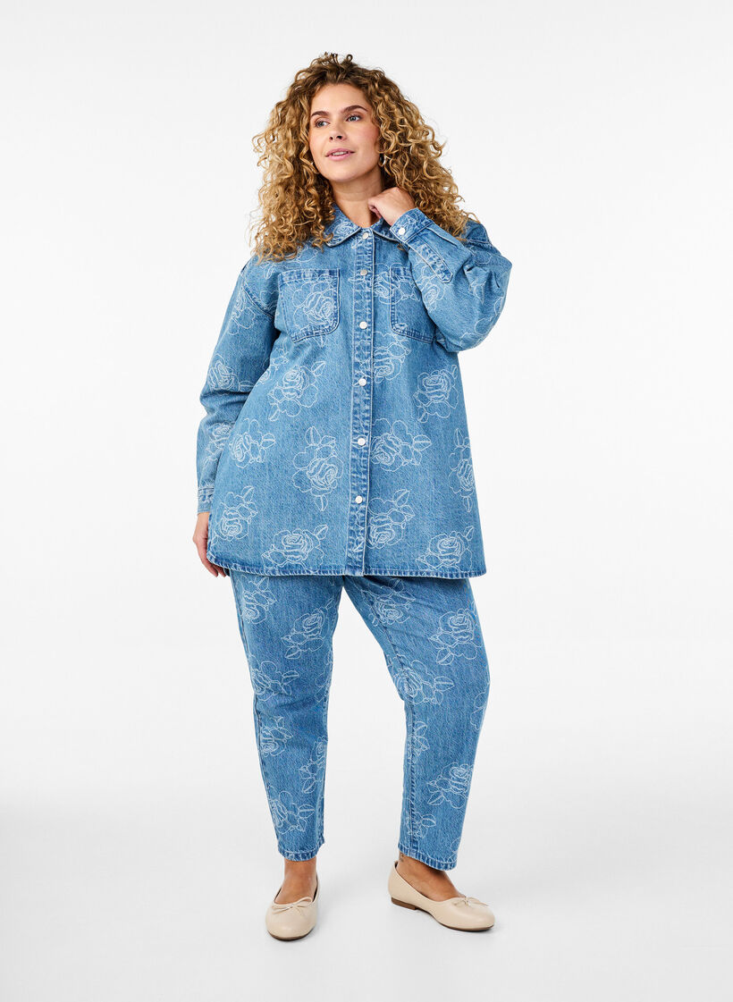 Mille jeans met een bloemenpatroon, Light Blue Denim, Model