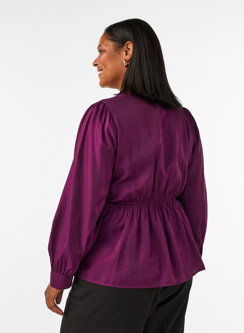 Glanzende viscose blouse met peplumeffect, Paars, Model image number 2