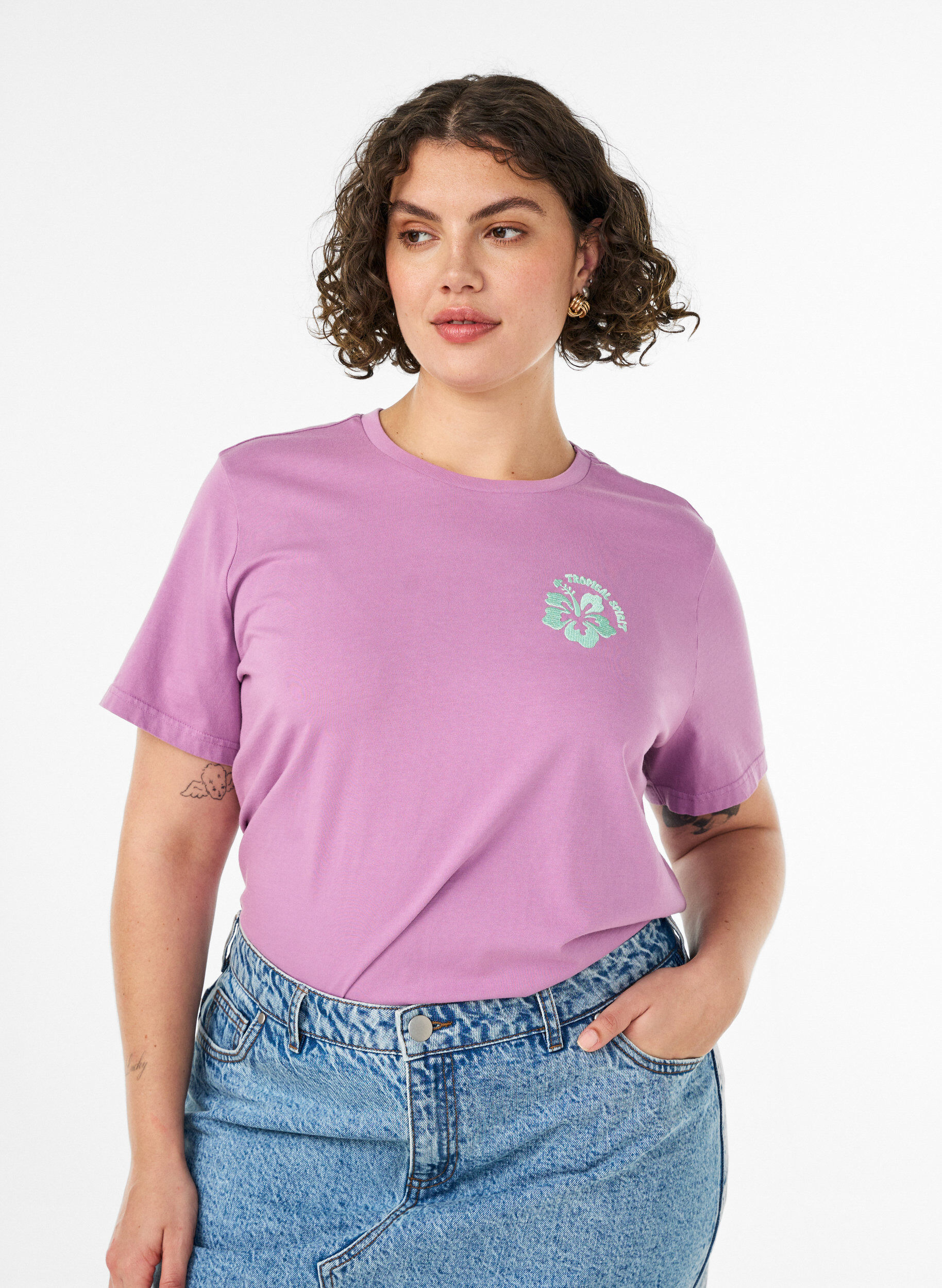 T-shirt van biologisch katoen met print op de rug, Roze, Model