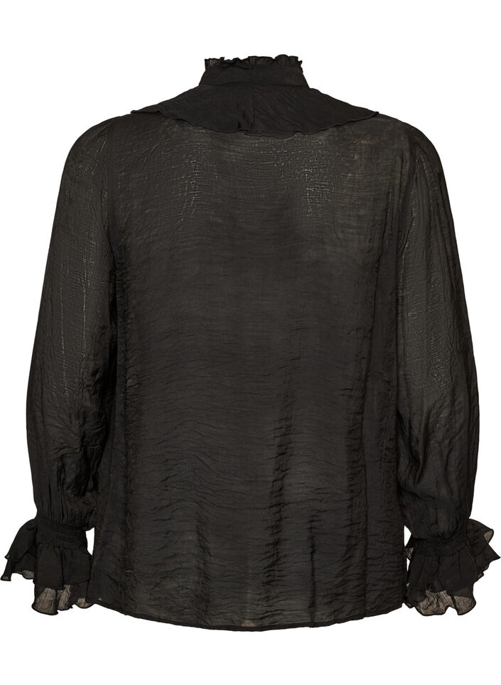 Viscose blouse met ruches en lange mouwen, Zwart, Packshot image number 1