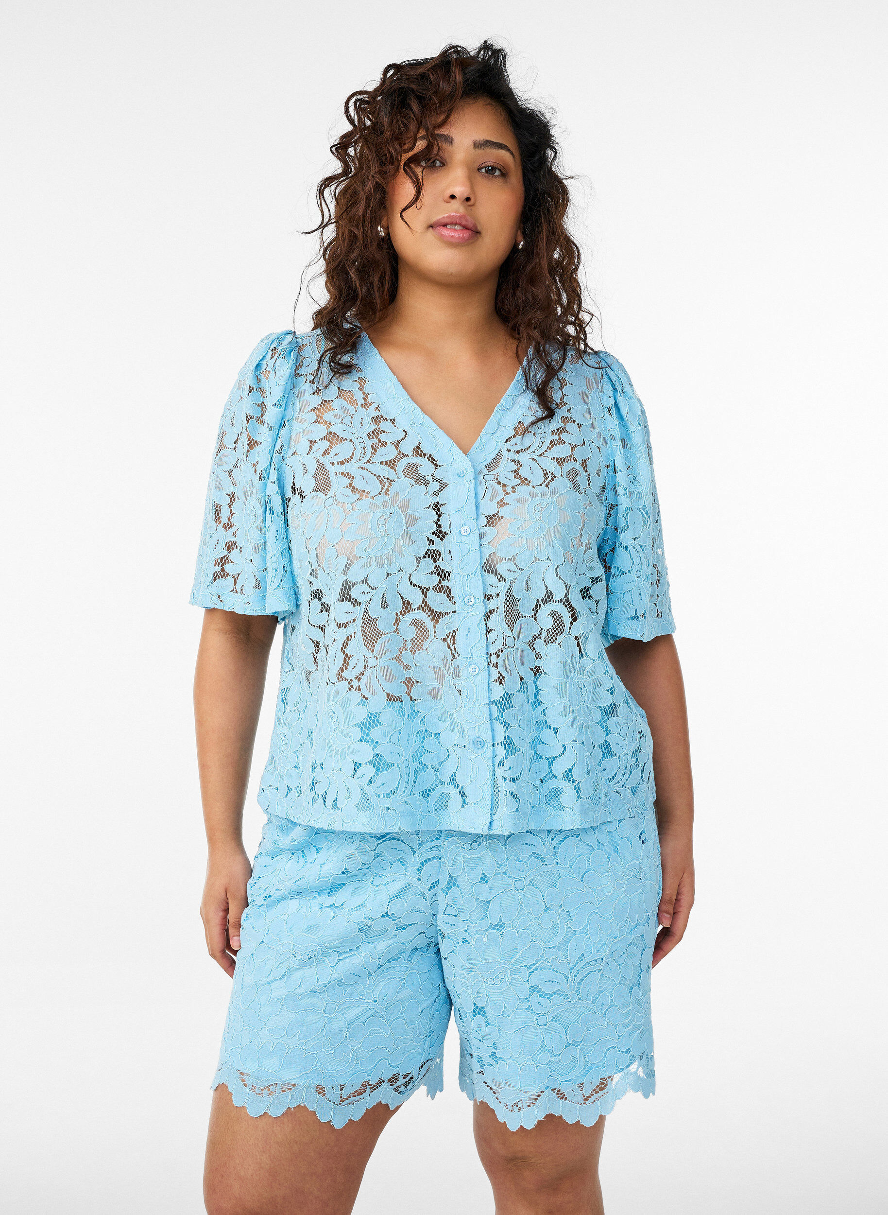 Kanten shorts met hoge taille en zakken, Blauw, Model