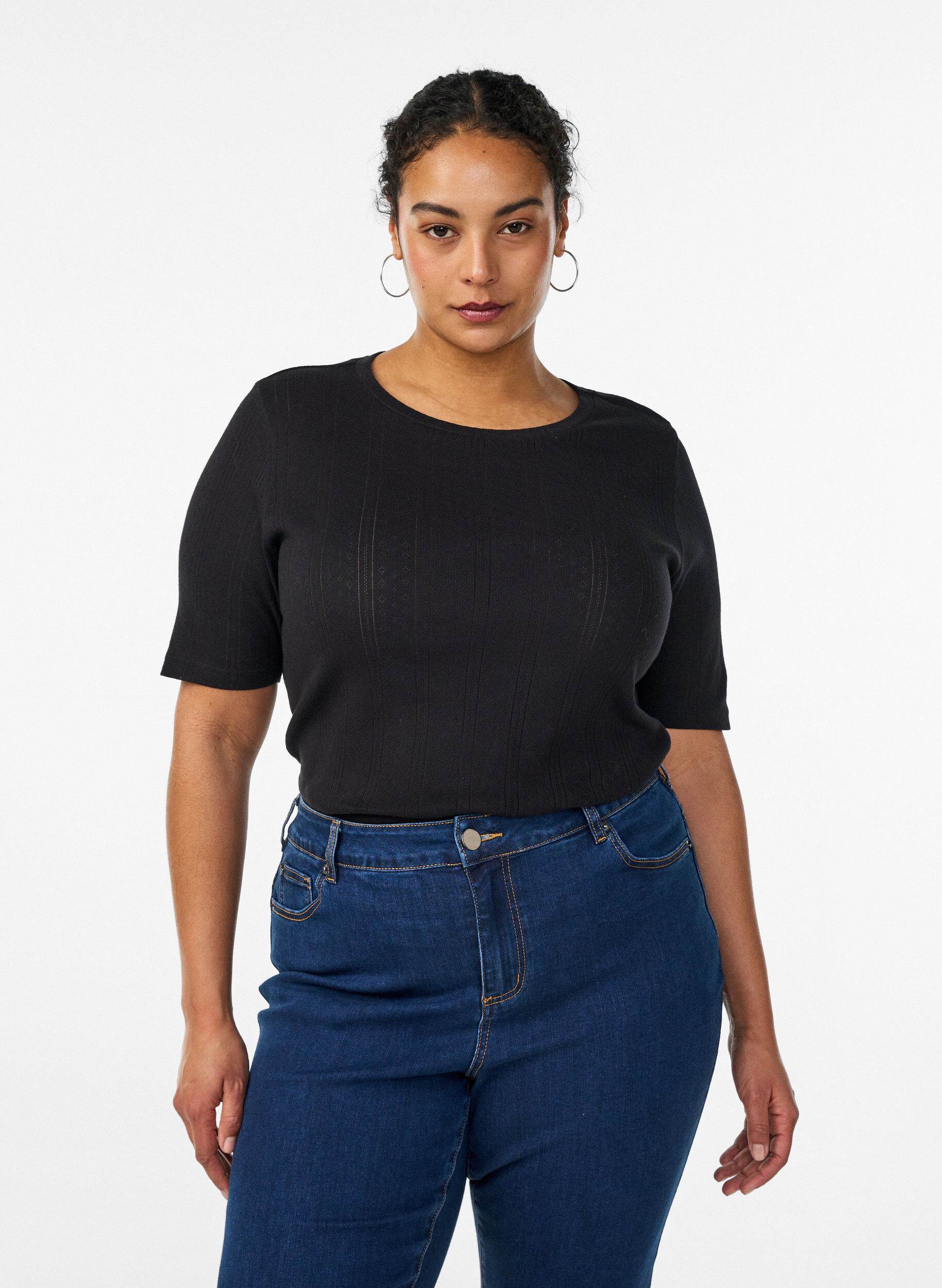 ZizziT-shirt van katoen met gaatjesborduursel, Zwart, Model image number 0