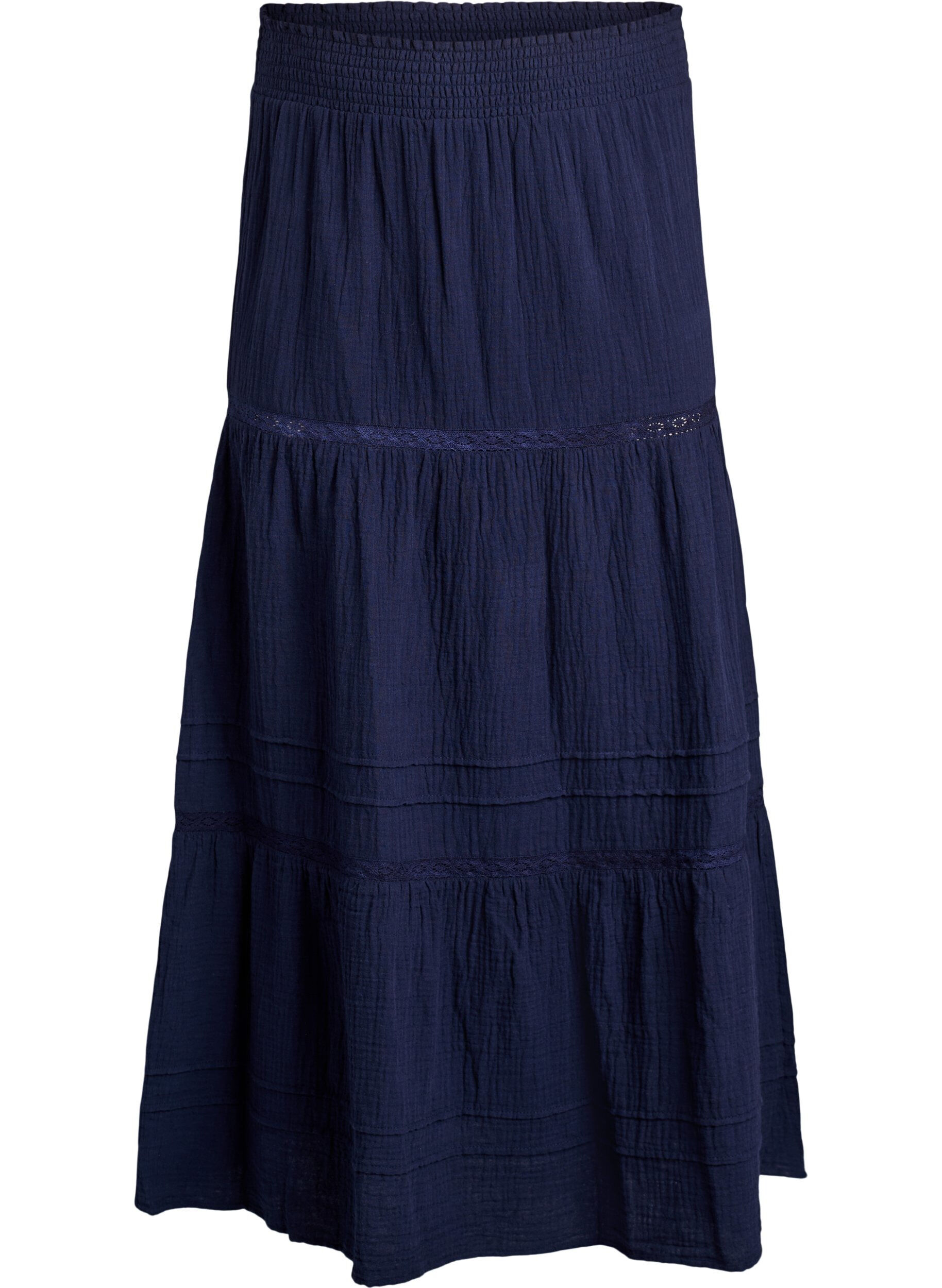 ZizziA-line midi skirt in cotton muslin with crochet band, Blauw, Packshot image number 0