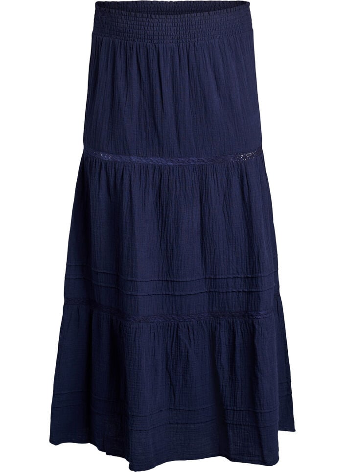 A-line midi skirt in cotton muslin with crochet band, Blauw, Packshot image number 0
