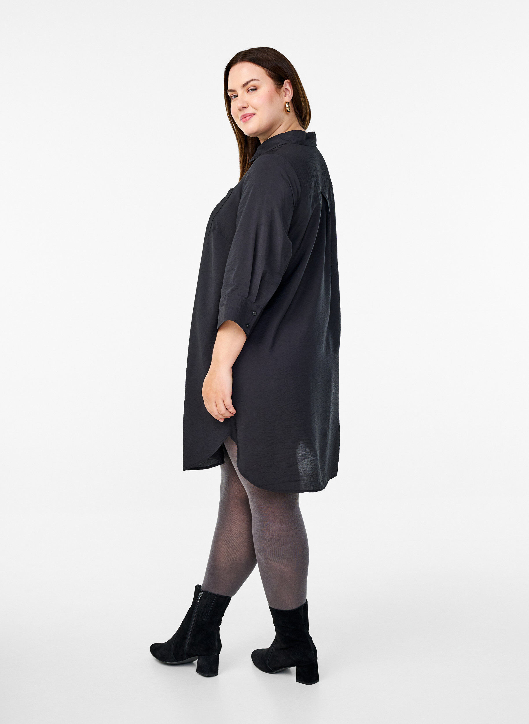 ZizziKorte jurk met kraag en borstzak, Zwart, Model image number 2
