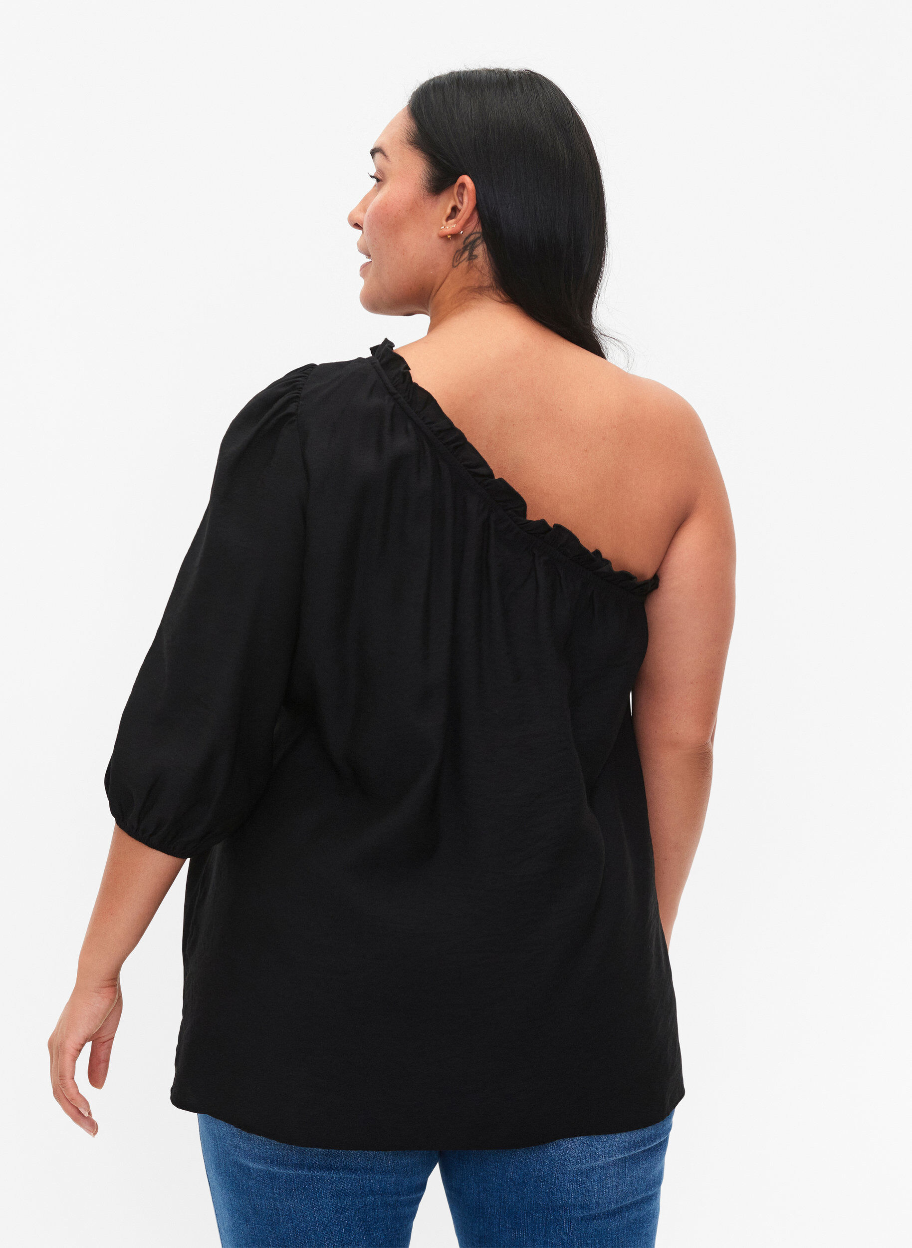 ZizziOne-shoulder blouse in viscose, Zwart, Model image number 2