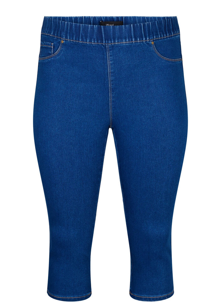 Denim capribroek met elastische tailleband, Dark Blue Denim, Packshot