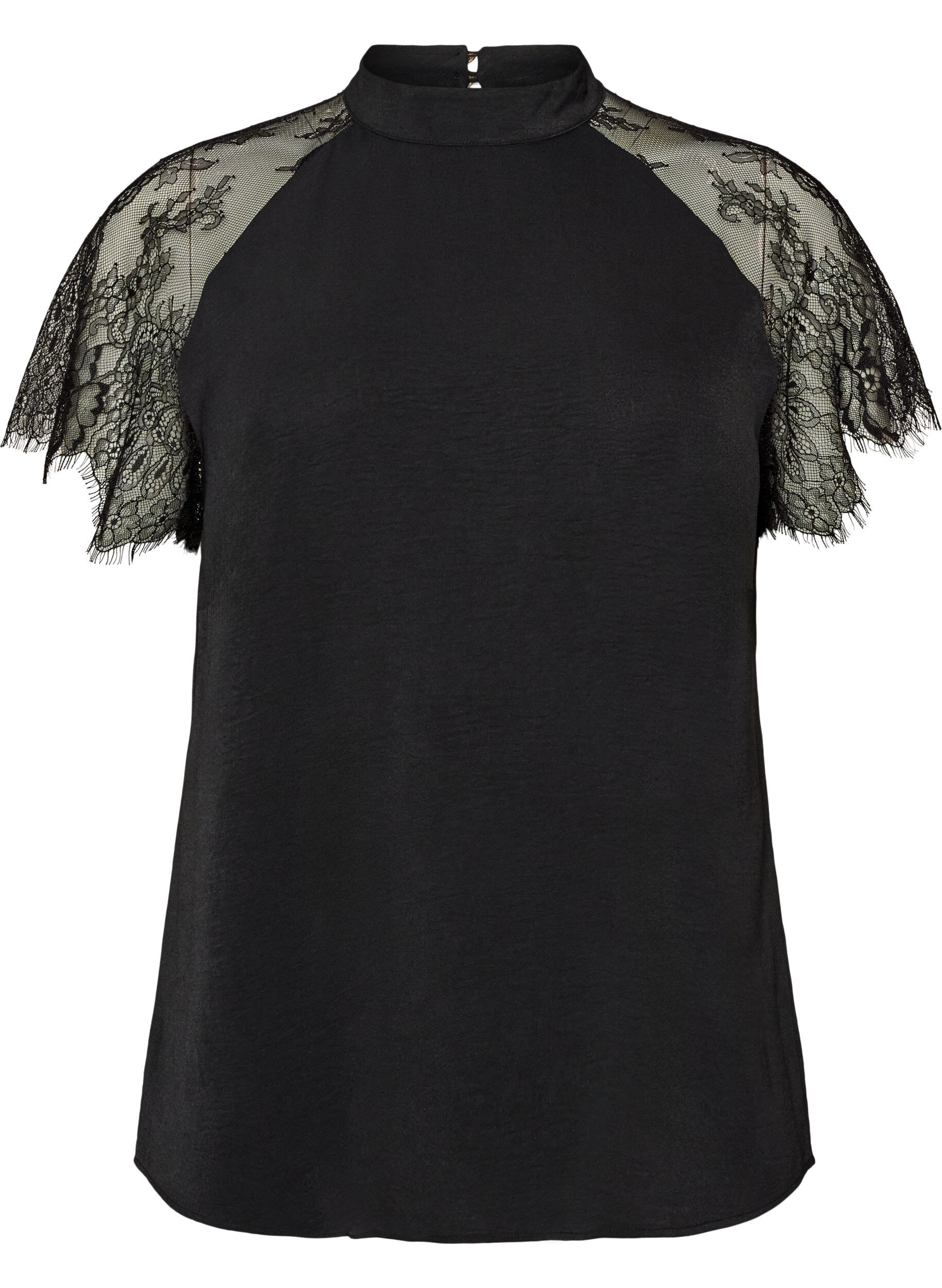 Blouse met korte kanten mouwen en hoge hals