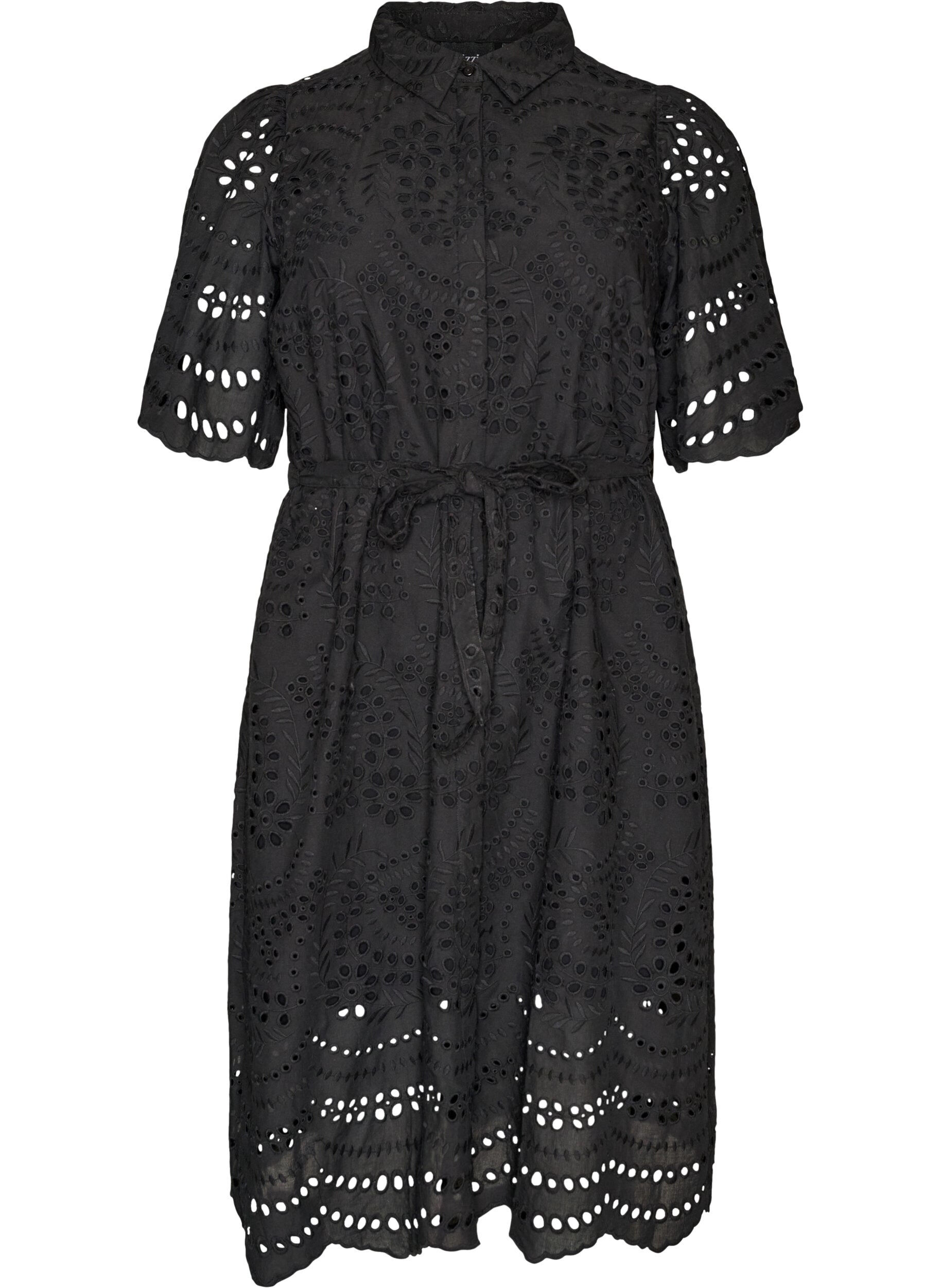 ZizziBlousejurk in broderie anglaise met strikceintuur, Zwart, Packshot image number 0