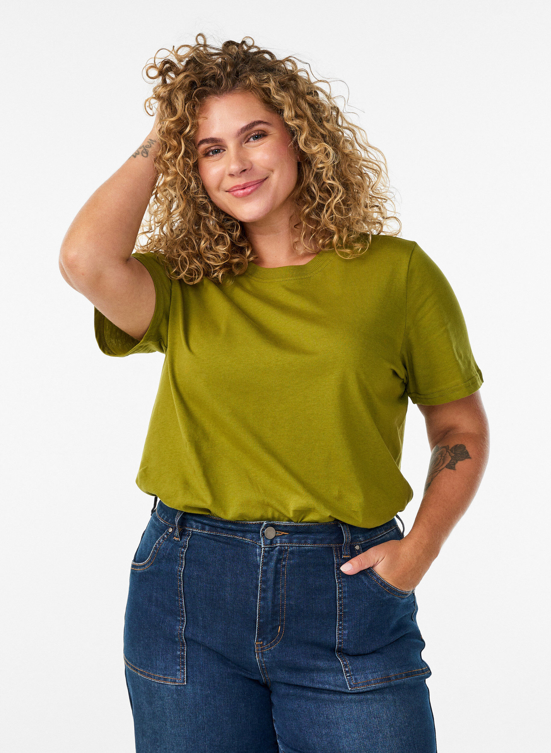 Basic katoenen T-shirt met ronde hals, Groen, Model