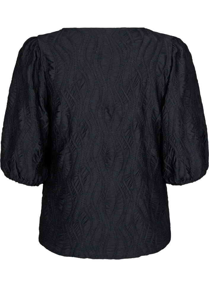 Blouse met textuur en 3/4 mouwen, Zwart, Packshot image number 1