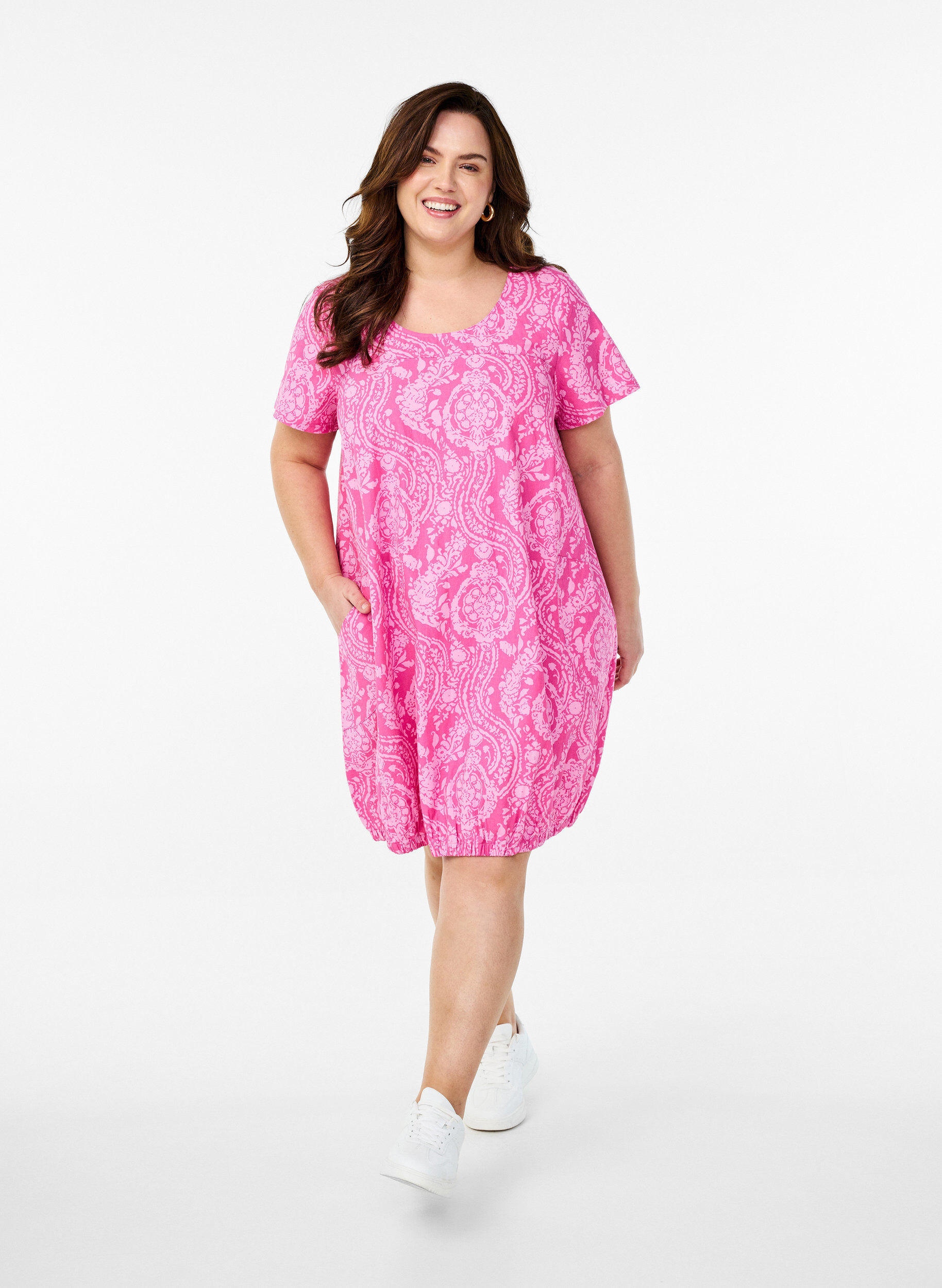 ZizziKatoenen jurk met korte mouwen en print, Roze, Model image number 1