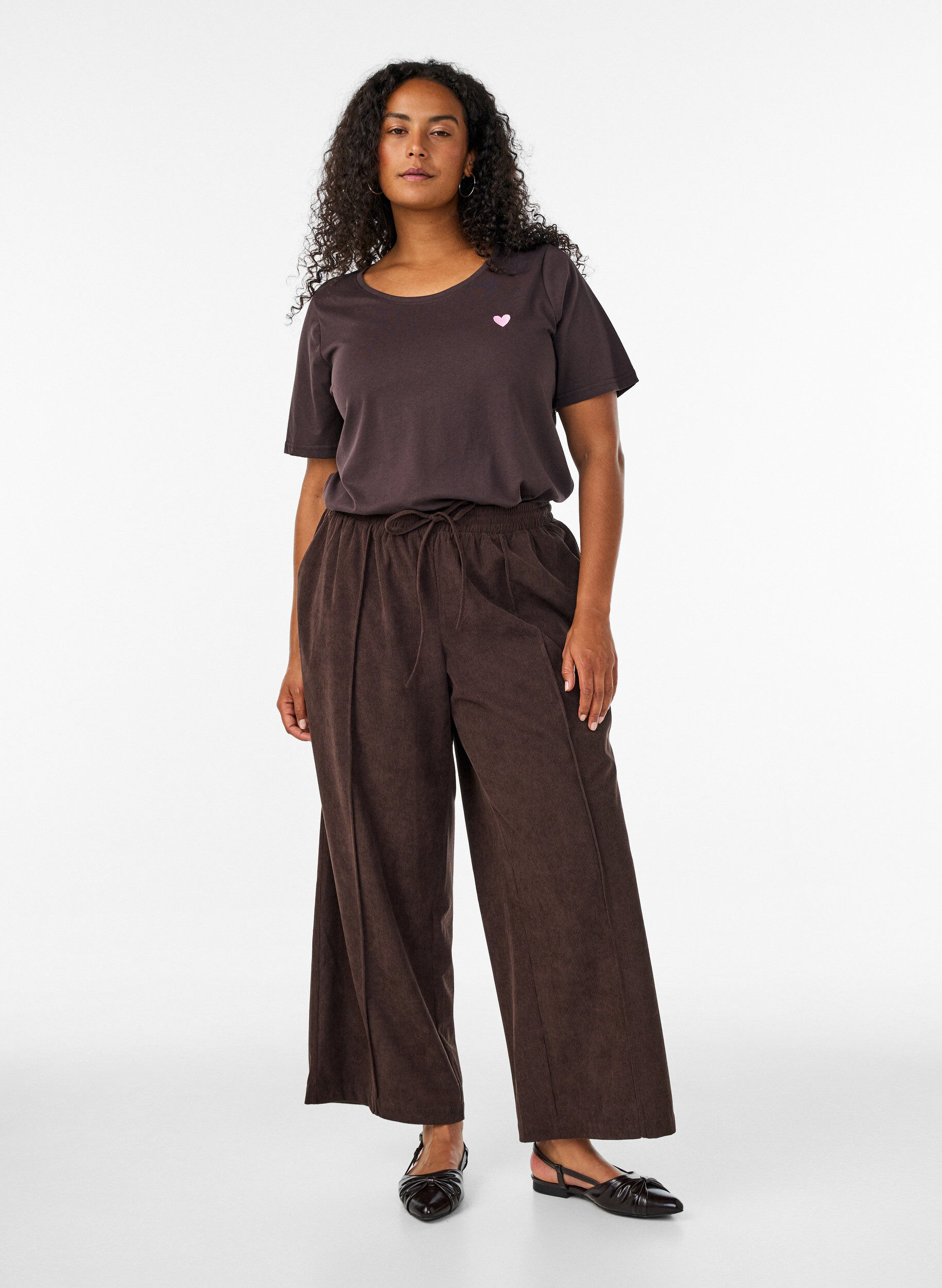 Corduroy broek met wijde pijpen en een hoge taille, Bruin, Model
