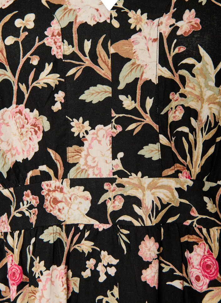 Bloemenjurk in linnen en viscose met een empirelijn, Zwart, Packshot image number 2