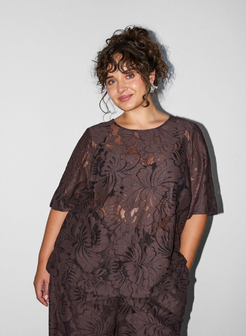 Kanten blouse met korte mouwen, Bruin, Model image number 0