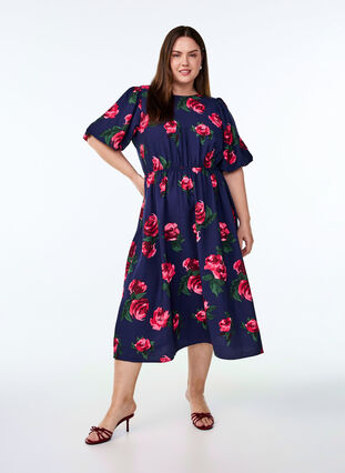 ZizziMidi-jurk met rozenprint en korte ballonmouwen, Pink Rose AOP, Model image number 3