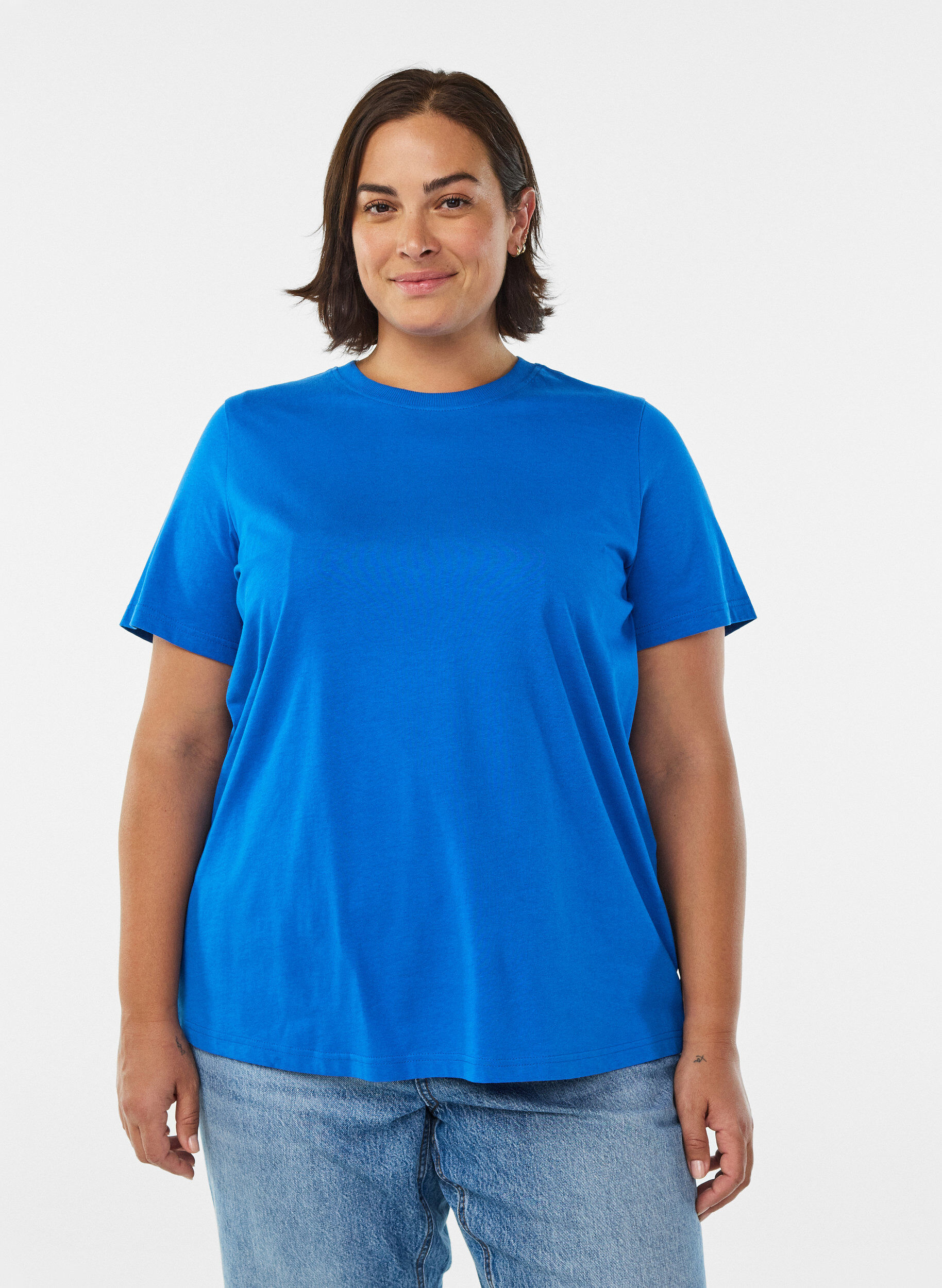 Basic katoenen T-shirt met ronde hals, Blauw, Model