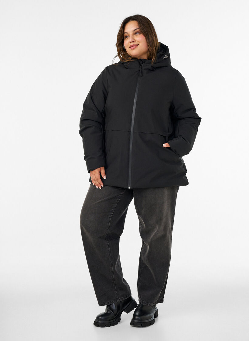 Winterjas met capuchon en verstelbare taille, Zwart, Model image number 1