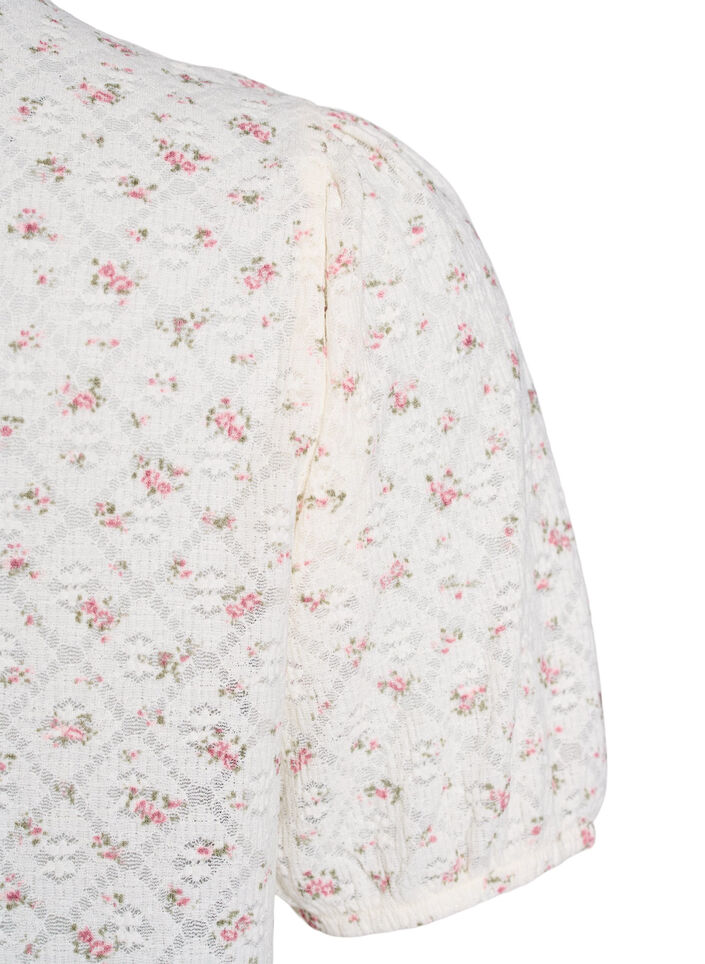 Jersey blouse met korte mouwen en bloemenprint, Wit, Packshot image number 3