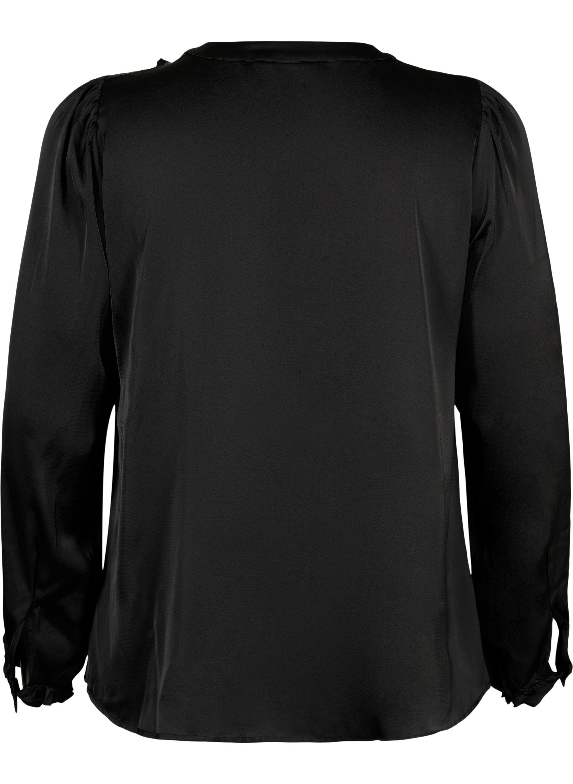 ZizziSatijnen overhemd blouse met ruches, Black, Packshot image number 1