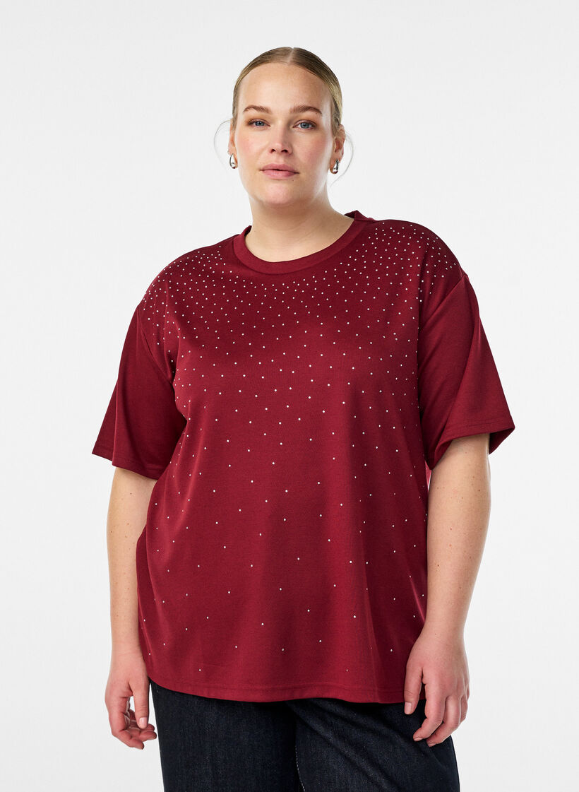 T-shirt met ronde hals en rhinestones, Donker Bordeaux, Model image number 0