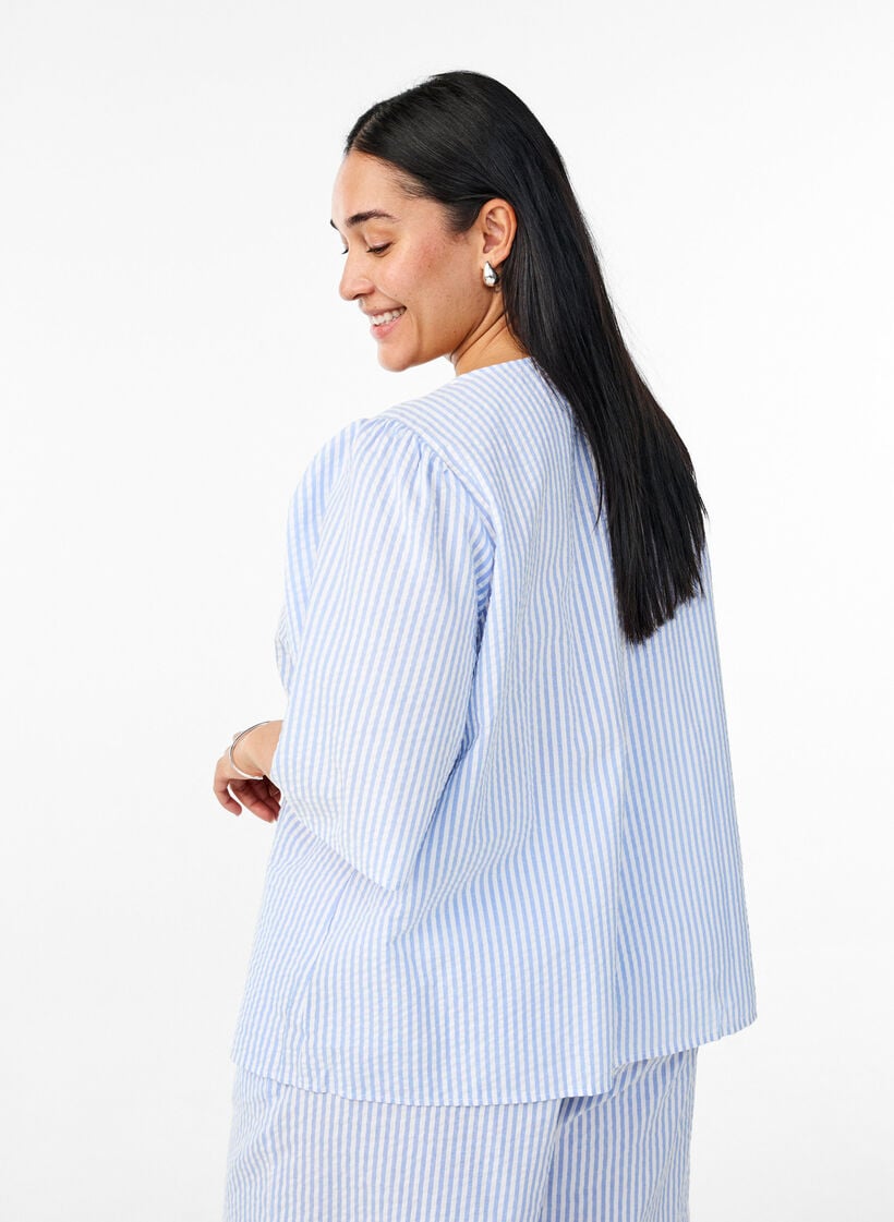 FLASH - Gestreepte blouse met strikken, Blauw, Model image number 1