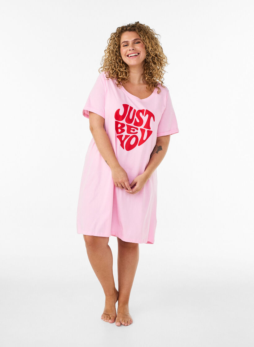 Nachtjapon met korte mouw van biologisch katoen, Roze, Model image number 1