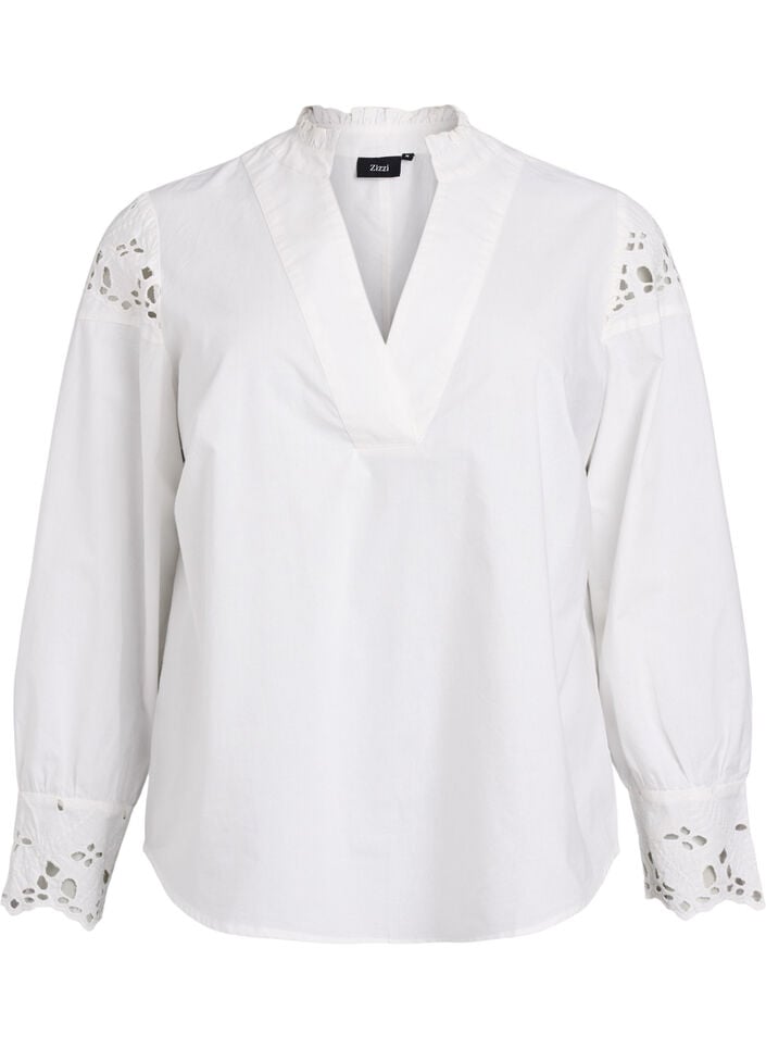 Blouse met V-hals en broderie anglaise details, Wit, Packshot