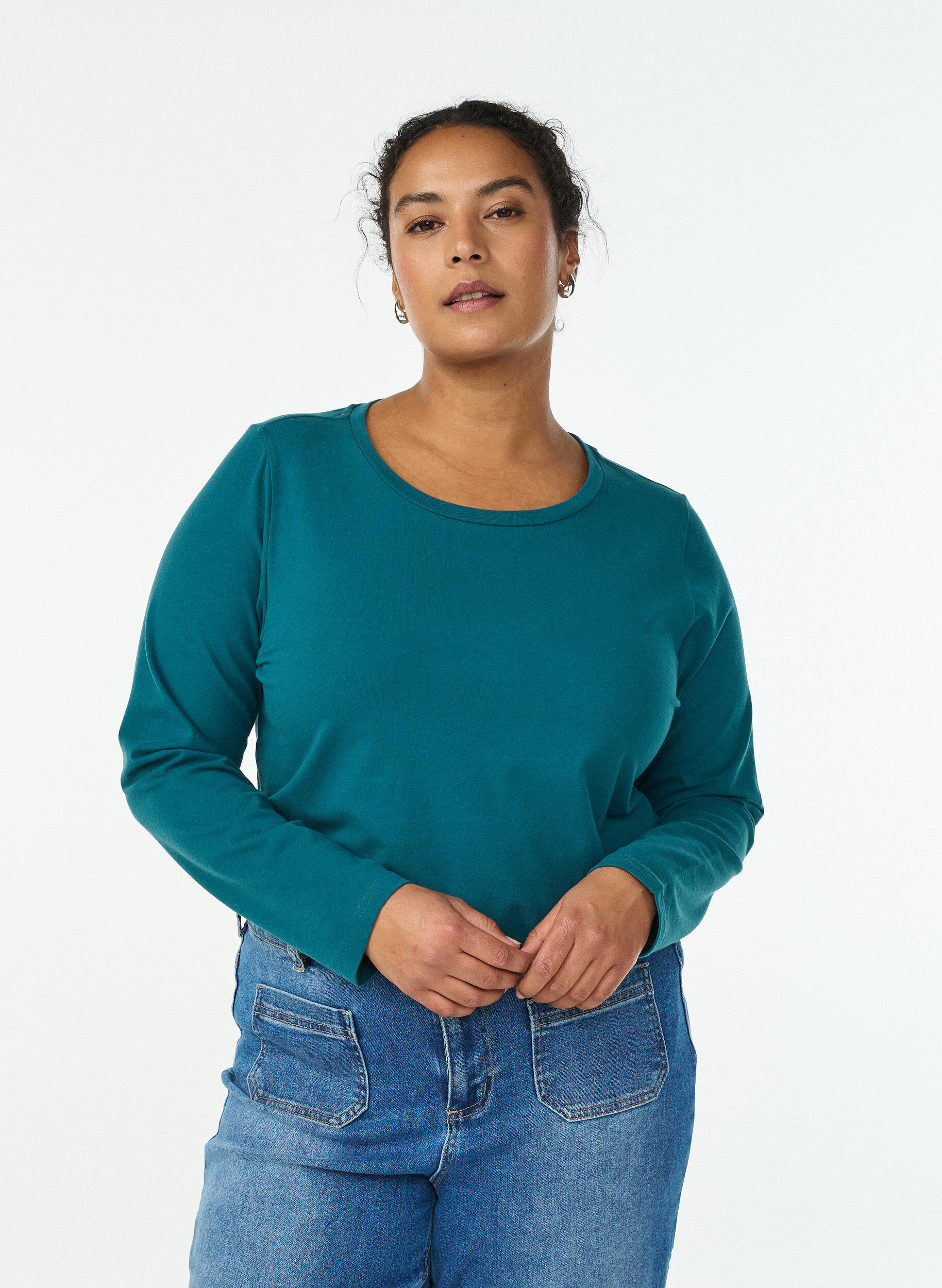 Basic jersey top met lange mouwen, Groen, Model