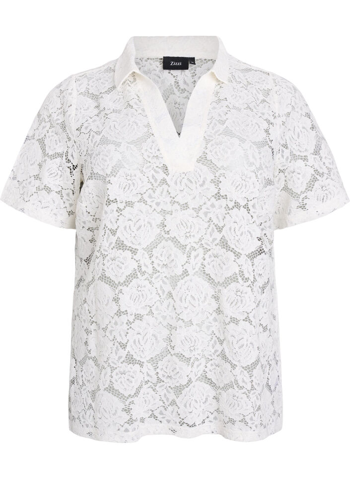 Kanten blouse met een kraag en V-hals, Cloud Dancer, Packshot