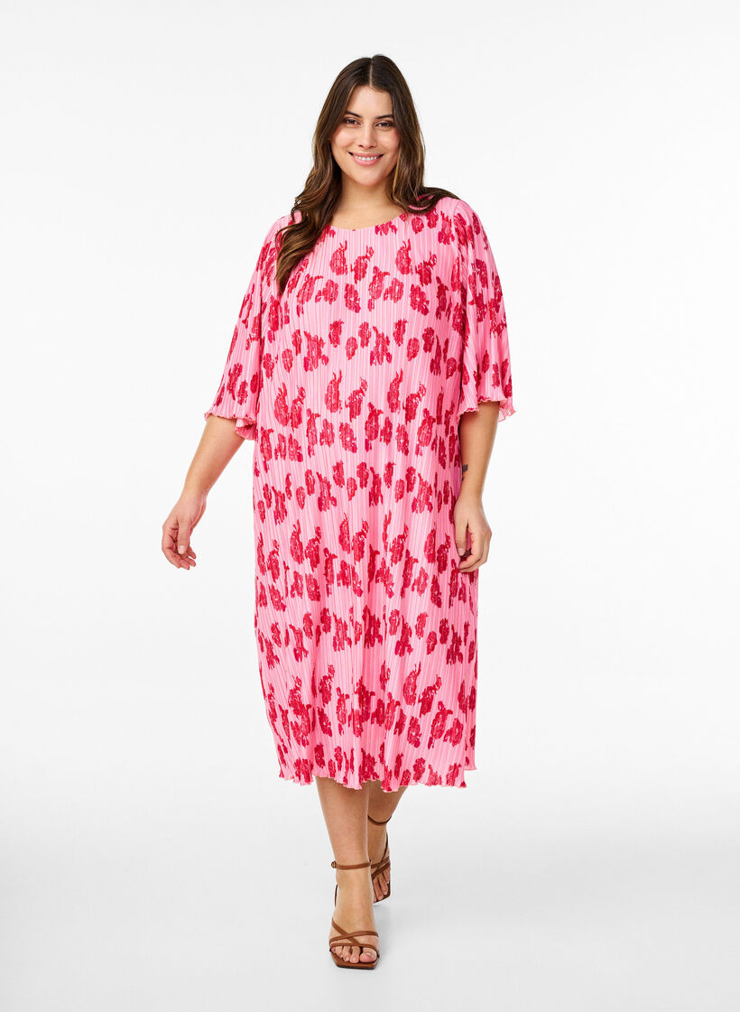 Geplooide jurk met 3/4 mouwen, Rose Flower, Model