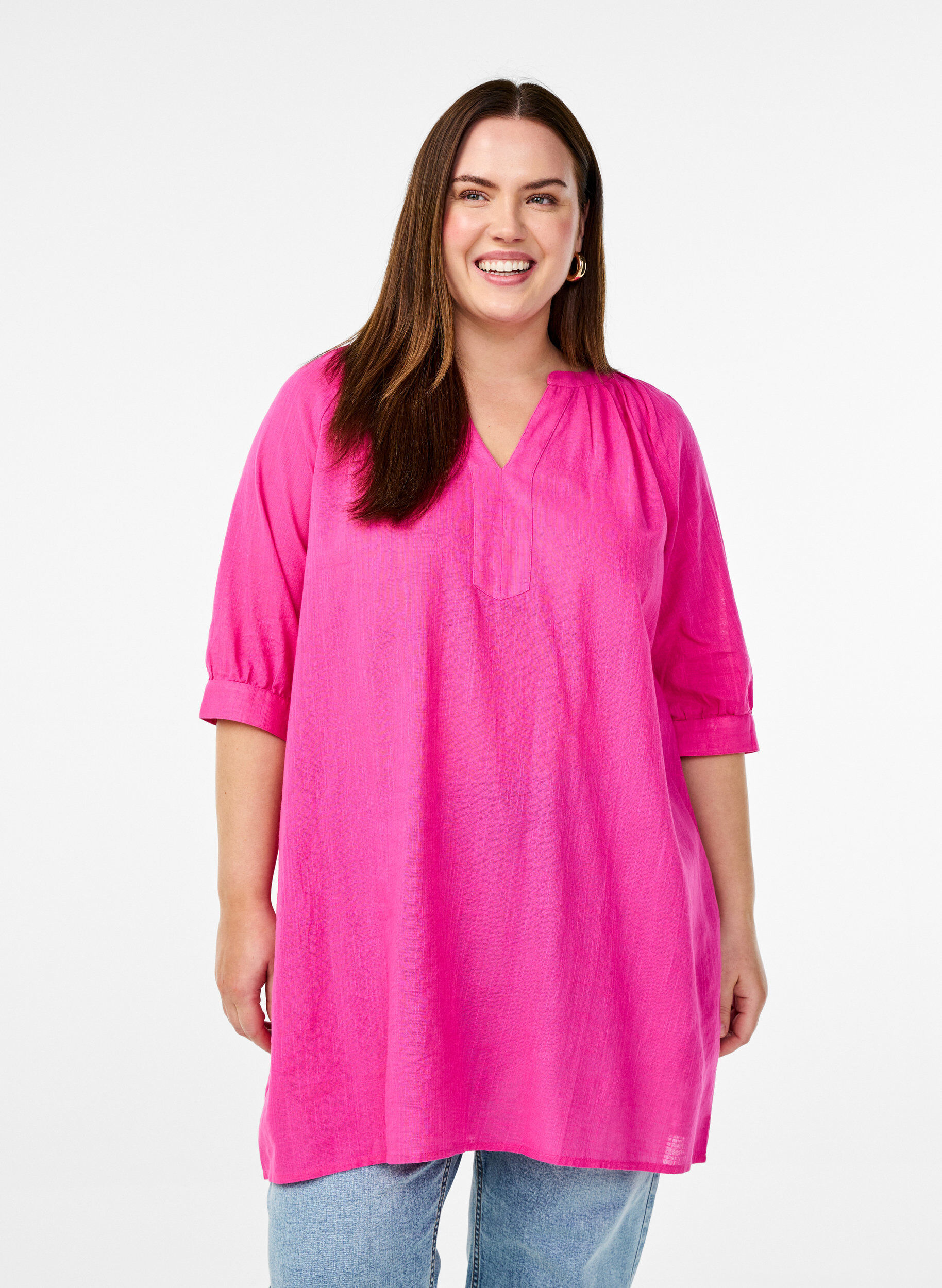 Katoenen tuniek met V-hals, Roze, Model