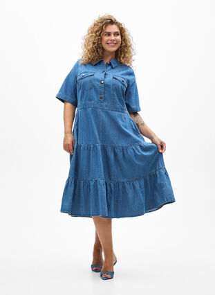 ZizziMidi denim jurk met knopen en korte mouwen, Blue Denim, Model image number 2