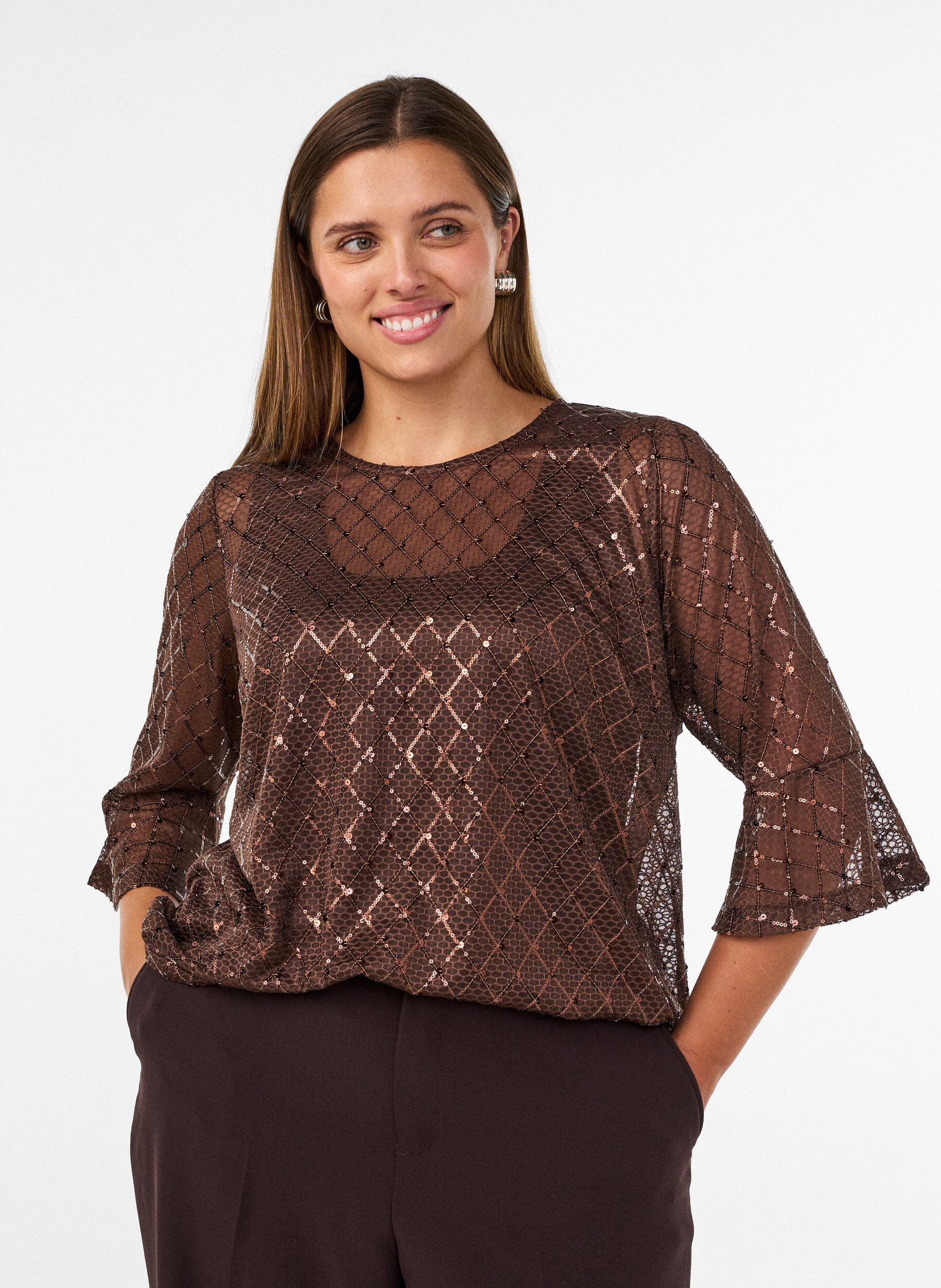Doorschijnende blouse met pailletten en een ruitpatroon, Bruin, Model