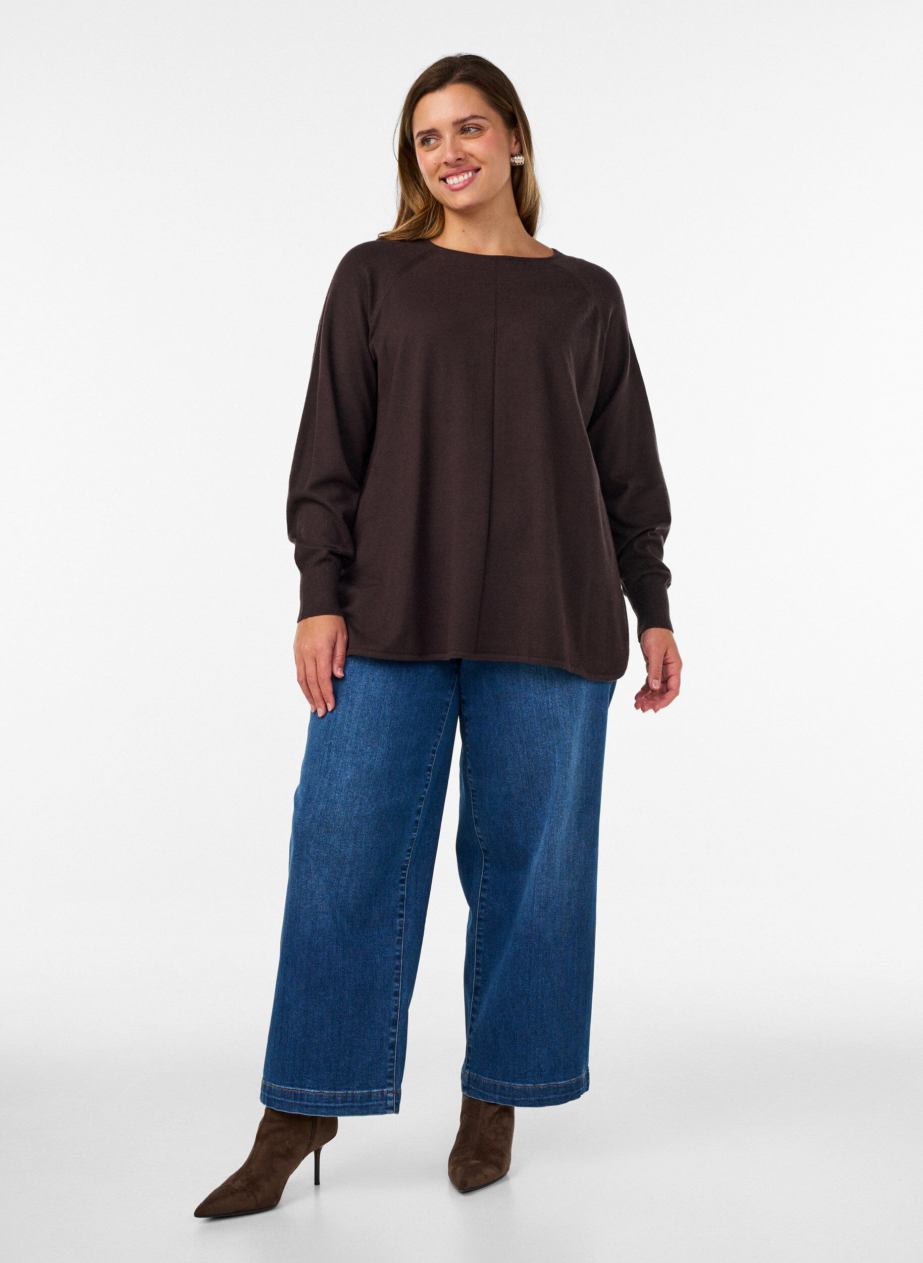ZizziGebreide top met ronde hals en ingebreid patroon, Bruin, Model image number 1