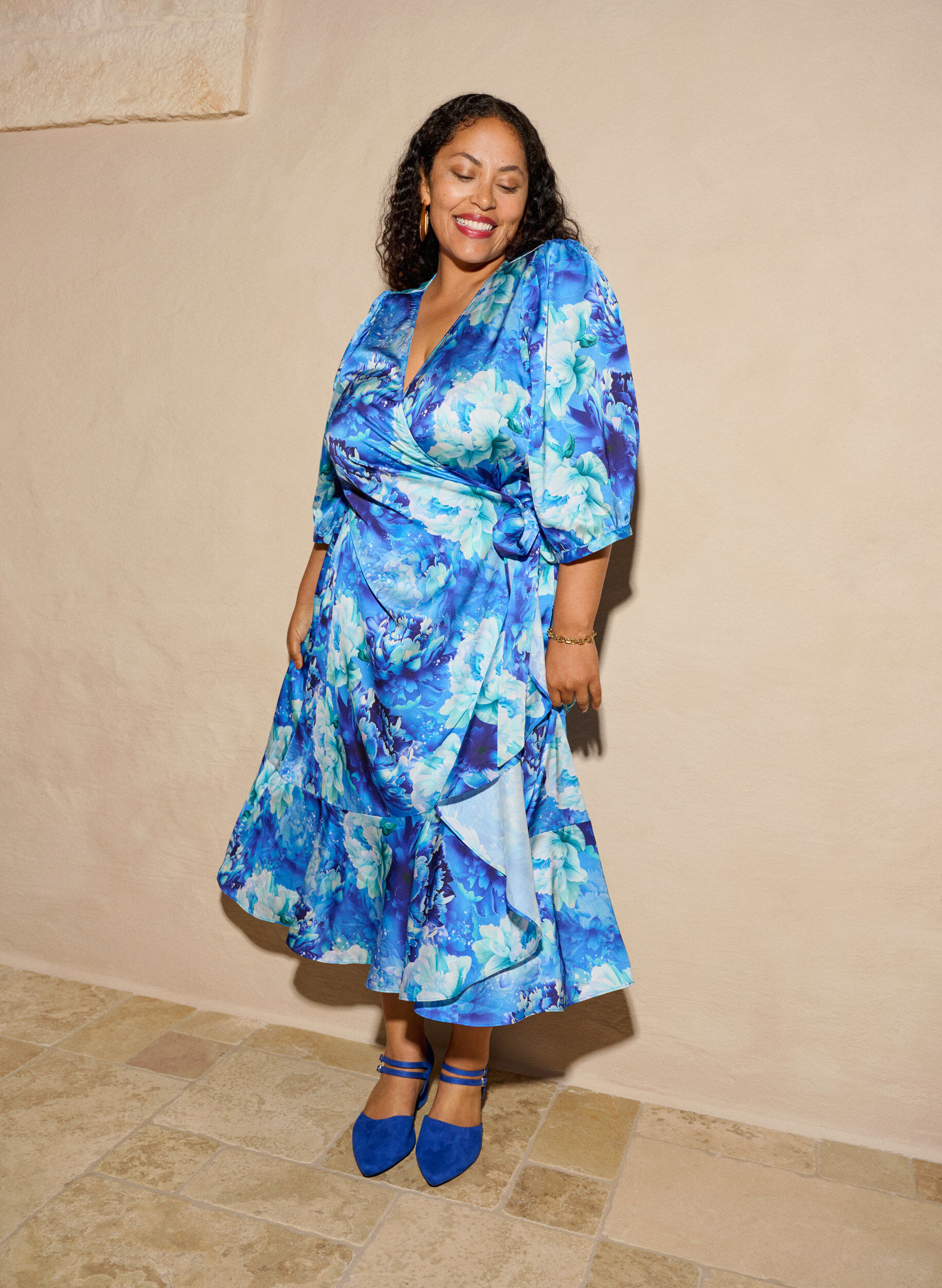 Omslagjurk met bloemenprint met 3/4 mouwen