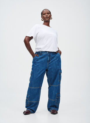 ZizziHigh waist cargo jeans, Blue Denim, Image image number 0
