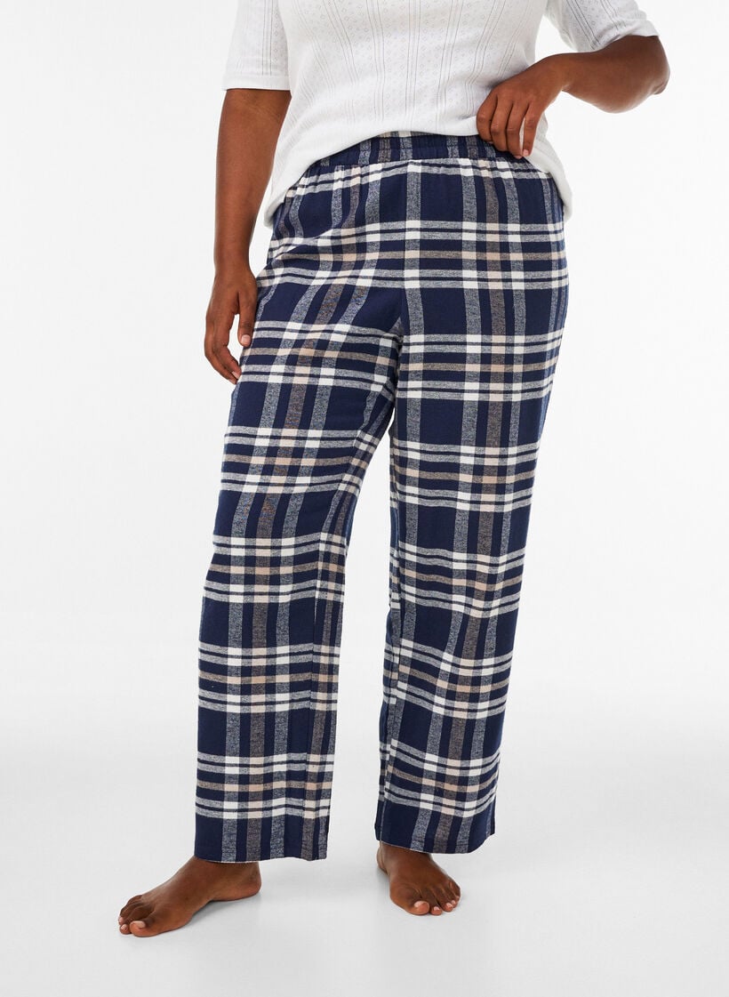Geruite katoenen pyjamabroek, Blauw, Model image number 0