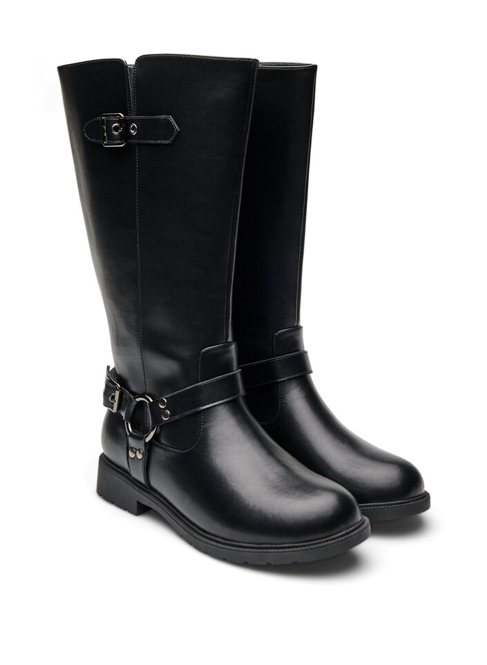 Wide fit - Hoge leren laars met decoratieve gespen, Black, Packshot