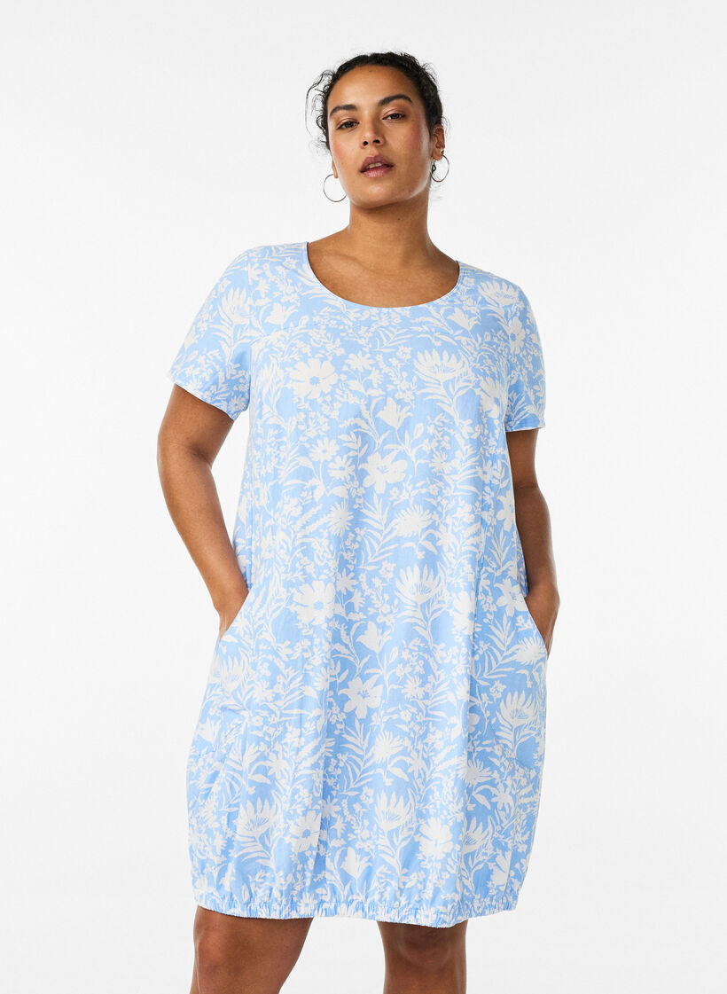 Katoenen jurk met korte mouwen en print, Vanille, Model image number 0
