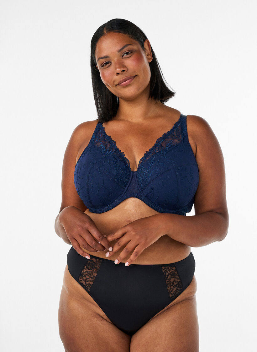 Gewatteerde kanten beha met beugel, Blauw, Model image number 1