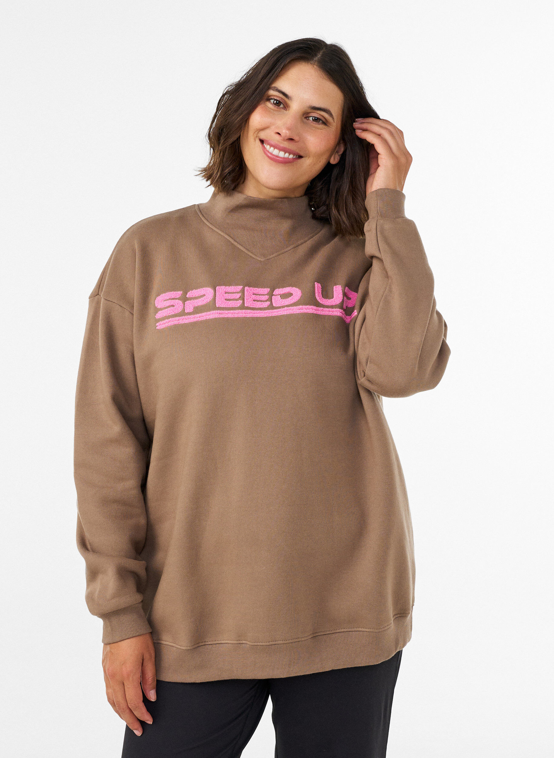 Sweatshirt met hoge hals en sportief motief op de voorkant, Bruin, Model