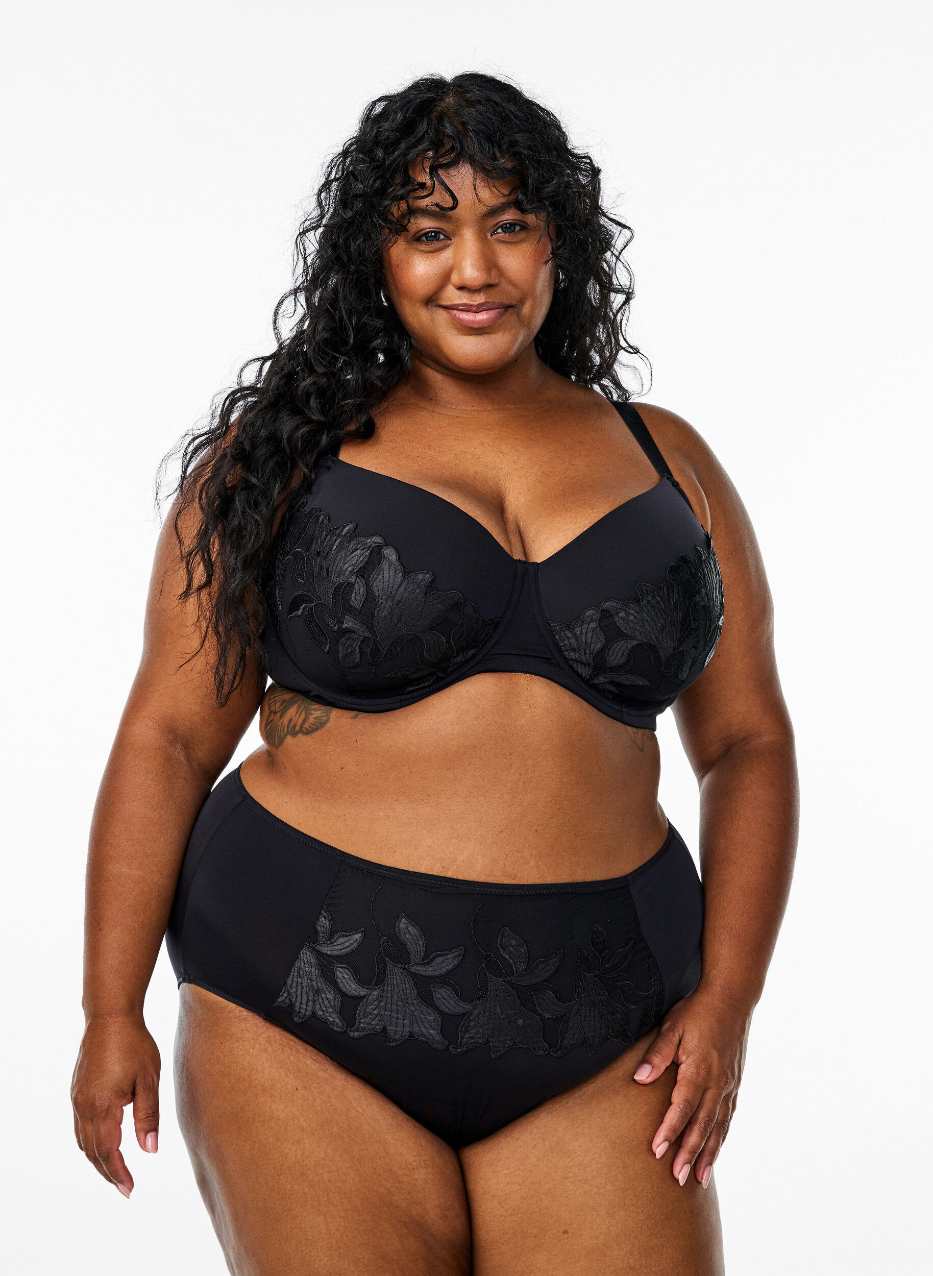 Microvezel slips met bloemenborduursel, Zwart, Model